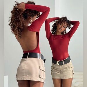 Princess Polly Gatewood Long Sleeve Bodysuit Maroon Slinky Backless 4 Dark Red